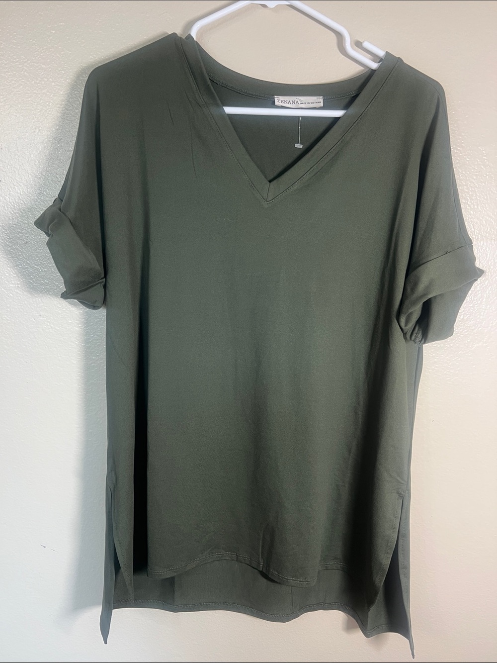 Zenana Outfitters Olive V-Neck Rolled Short Sleeve Top
